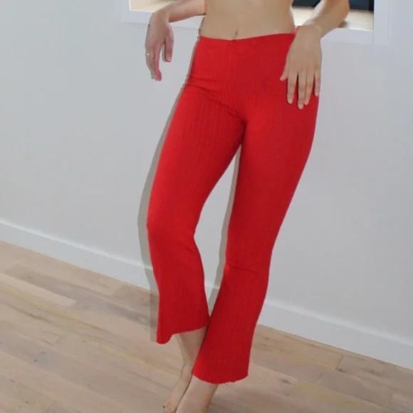 Urban Outfitters UO Rosie Ribbed Red Flare Leg Cotton Blend Pants Size Small. - Picture 2 of 11